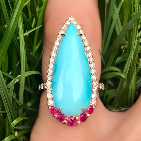 Sleeping beauty turquoise, diamond & ruby ring - Picture 2 of 8